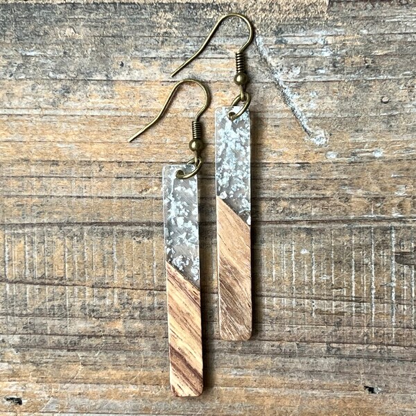 Clear with Silver Foil Acrylic Resin & Wood Dangle Earrings, Bohemian Earrings, Dangle Boho Earrings, Boho Jewelry, Bohemian Hippie Earrings