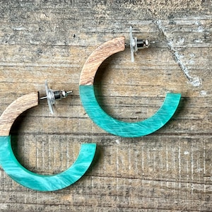 Creamy Turquoise Acrylic Resin & Wood Half Hoop Earrings, Bohemian Earrings, Dangle Boho Earrings, Boho Jewelry, Bohemian Hippie Earrings