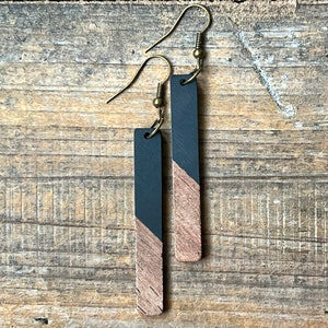 Matte Black Acrylic Resin & Wood Dangle Earrings, Bohemian Earrings, Dangle Boho Earrings, Boho Jewelry, Bohemian Hippie Earrings