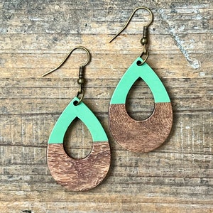 Sea Green Acrylic Resin & Wood Dangle Earrings, Bohemian Earrings, Dangle Boho Earrings, Boho Jewelry, Bohemian Hippie Earrings