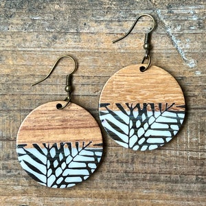 Boho Wood Dangle Earrings: Black & White Resin Design