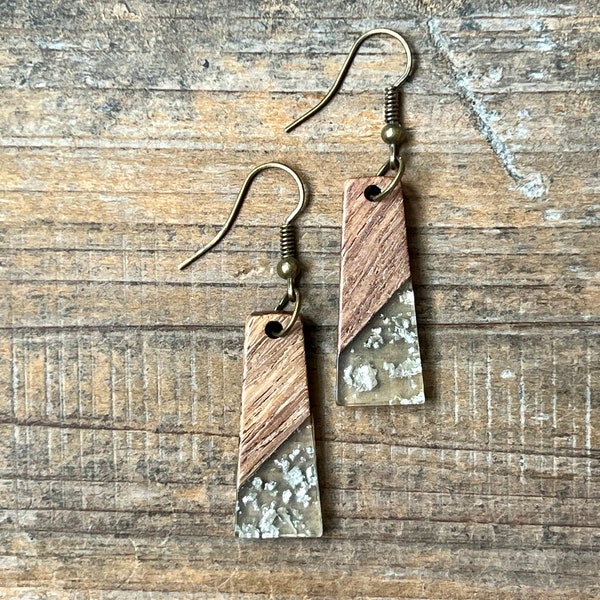 Clear with Silver Foil Acrylic Resin & Wood Dangle Earrings, Bohemian Earrings, Dangle Boho Earrings, Boho Jewelry, Bohemian Hippie Earrings