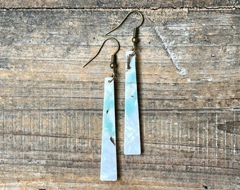 Teal and White Acetate Dangle Earrings, Bohemian Earrings, Dangle Boho Earrings, Boho Jewelry, Bohemian Hippie Earrings