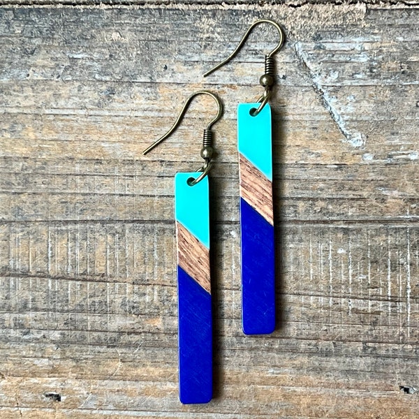 Teal and Blue Acrylic Resin and Wood Dangle Earrings, Bohemian Earrings, Dangle Boho Earrings, Boho Jewelry, Bohemian Hippie Earrings