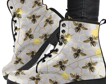 Bees Honey Bees -Lace up Ankle, Bohemian Combat boots,  Hippy Wedding Boots