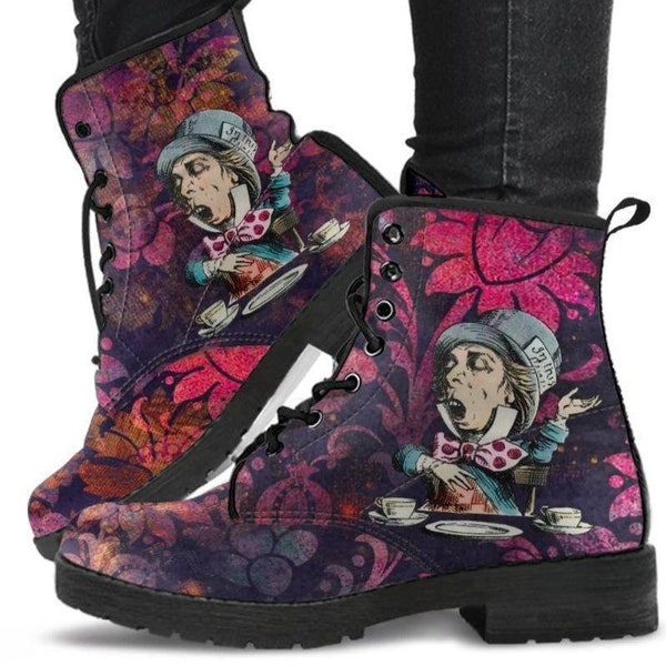 Mad Hatter Pink Grunge -Womans Combat boots, , Hippy Festival, Combat Boots