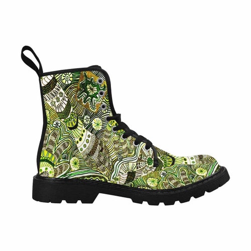Ericas Greens -Women's colorful Boots, Doc Marten Style, Boho, Bohemian, shops Festival, Combat, Hippie Canvas Boots