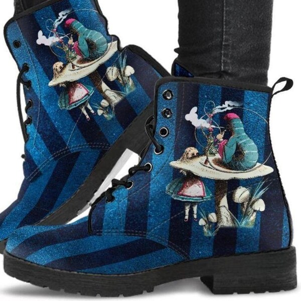 Alice We're all mad here -Womans Bohemian Hipster Combat boots,  Boots Lace up, Classic Short boots