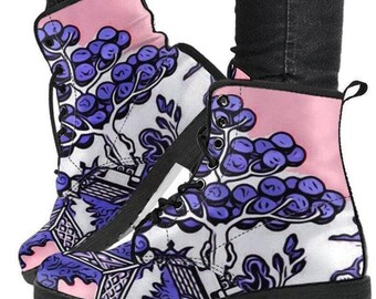 Willow Pattern Pink-Women'sCombat boots, Festival Combat, Boho Hippie Boots vegan Leather