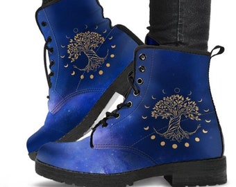 Tree of Life Blue-Women's Combat boots,  Festival, Combat, Vintage Hippie Lace up Boots