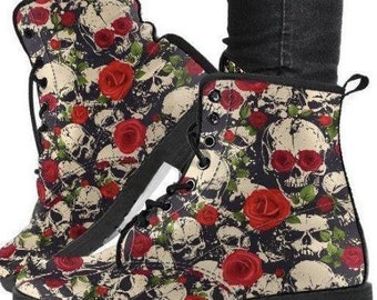 Skull & Roses-Women's Vintage Style Festival Combat, Hippie Boots Lace up, Classic Short boots