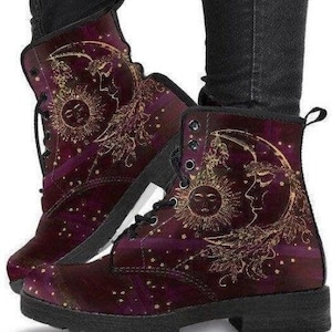 Sun and moon nebula -Lace up Boots, Classic Combat Boot 'Maroon Sun and Moon' Womens