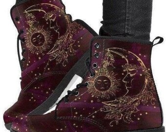 Sun and moon nebula -Lace up Boots, Classic Combat Boot 'Maroon Sun and Moon' Womens