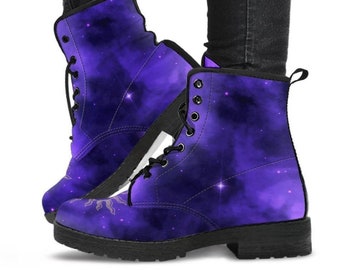 Purple Sun and Moon-Women's Combat boots,  Festival, Combat, Vintage Hippie Lace up Boots