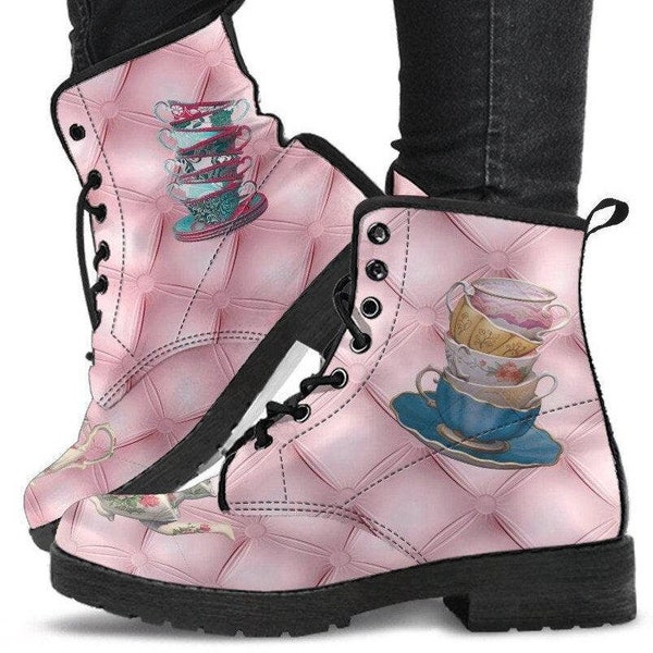 Tea Party-Womans Lace up Ankle, Bohemian Combat boots,  Boots Lace up, Classic Short boots