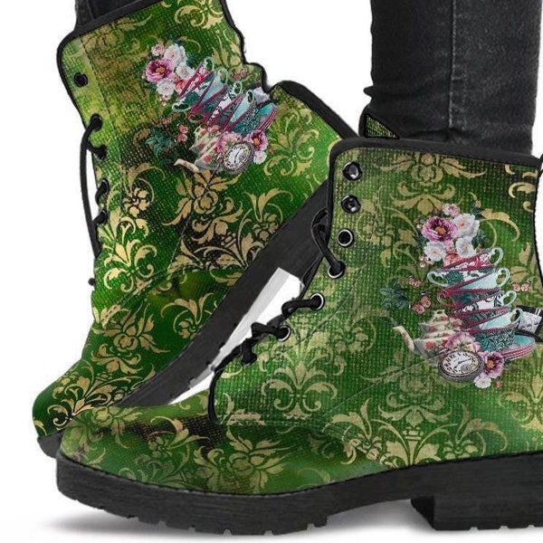 Alice Tea Party Green -Classic boots, combat boots, Lace up, Festival hippy boots