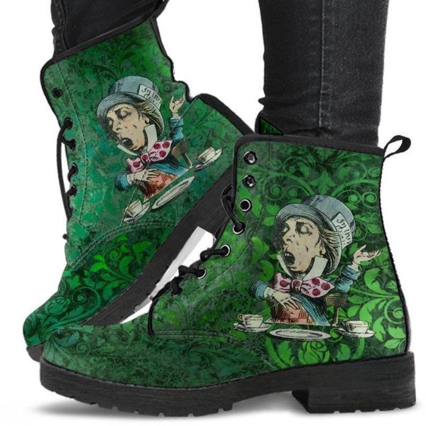 Mad Hatter Green Grunge -Womans Combat boots, , Hippy Festival, Combat Boots