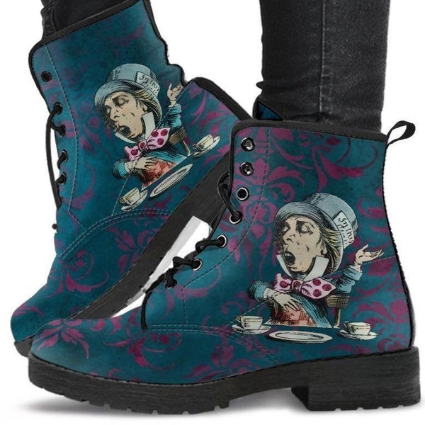 Mad Hatter Pink/ Blue -Womans Combat boots, , Hippy Festival, Combat Boots