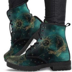 Green Sun and Moon-Combat boots, Classic Festival Hippie Boots