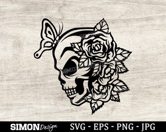 Floral Skull SVG, Butterfly Tattoo Design (Digital Files)
