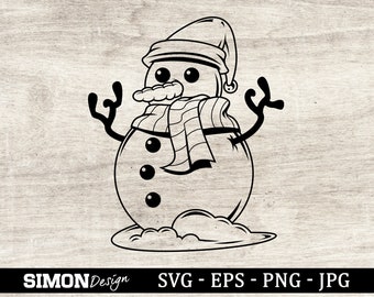 Könnte beinhalten: Eine Schwarzweiß-Zeichnung eines Schneemanns mit Hut und Schal. Der Schneemann hat drei Knöpfe und eine Karottennase. Der Schneemann steht auf einem Schneeballen.