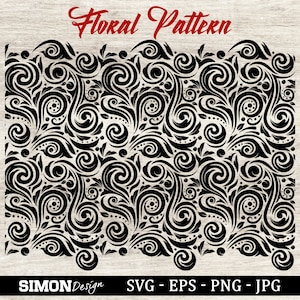 Könnte beinhalten: Schwarz-weißes Blumenmuster mit einem sich wiederholenden Design aus Spiralen und Blättern. Das Muster befindet sich auf einem Holzmaserungshintergrund. Der Text "Floral Pattern" befindet sich oben im Bild. Der Text "SIMON Design" befindet sich unten links im Bild. Der Text "SVG - EPS - PNG - JPG" befindet sich unten rechts im Bild.