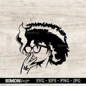 May include: Black and white silhouette of a person with an afro hairstyle wearing glasses and smoking a cigarette. The person has a marijuana leaf tattoo on their hand.