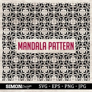 May include: A white mandala pattern on a woodgrain background. The text "MANDALA PATTERN" is in red letters on a white rectangle.