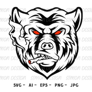 May include: Black and white illustration of a bear's head with red eyes. The bear is smoking a cigarette and has an angry expression.