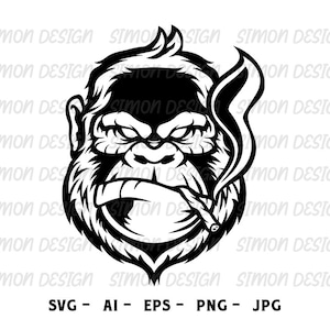 May include: Black and white illustration of a gorilla's face with a cigarette in its mouth. The gorilla has a serious expression and is looking directly at the viewer.