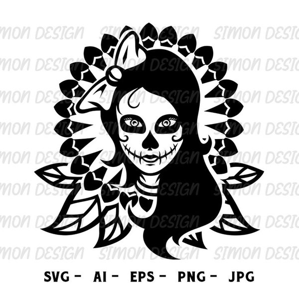 Sugar Skull SVG, crâne SVG, fille SVG, fille crâne SVG, tatouage SVG, Muerte SVG, squelette fille SVG, femme crâne SVG, Calavera SVG