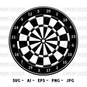 May include: A black and white dartboard with numbers 1 through 20, as well as the numbers 5, 8, 11, 13, 16, and 19. The bullseye is in the center of the board.