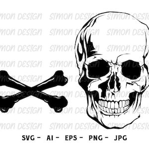 May include: Black and white graphic of a skull with a detailed design, positioned next to a pair of crossed bones. The image includes the text "SIMON DESIGN" repeated multiple times and file type indicators: SVG, AI, EPS, PNG, and JPG.