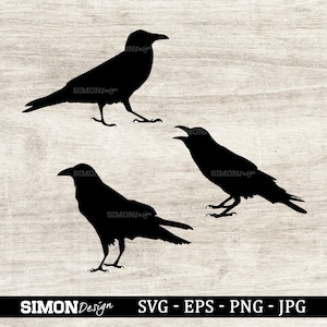 May include: Three black crow silhouettes against a woodgrain background. The crows are facing different directions. The image includes the text "SIMON Design SVG - EPS - PNG - JPG".