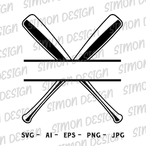 May include: Black and white silhouette of two crossed baseball bats with a blank space in the middle for text. The bats are crossed in the middle and the ends of the bats are pointed.