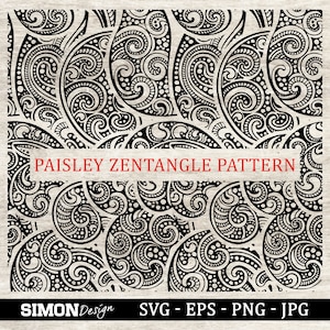 May include: Black and white paisley zentangle pattern. The pattern is made up of intricate swirls and dots. The text "PAISLEY ZENTANGLE PATTERN" is written in red across the middle of the image. The text "SIMON Design" is in the bottom left corner of the image. The text "SVG - EPS - PNG - JPG" is in the bottom right corner of the image.