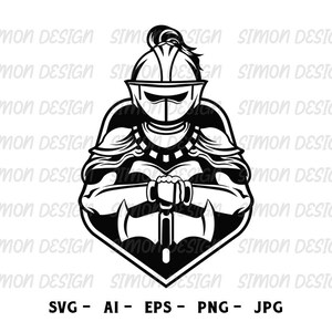 May include: Black and white illustration of a knight in armor holding an axe. The knight is wearing a helmet with a plume and has a serious expression on his face.