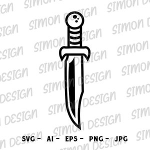 May include: A black and white line drawing of a dagger with a rounded handle and a pointed tip.