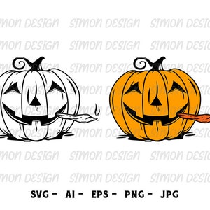 Peut inclure: Un dessin au trait noir et blanc d'une citrouille souriante avec un joint dans la bouche. La citrouille est orange et a une expression stupide. Le joint est un bâton brun avec un embout blanc. Il y a une petite bouffée de fumée qui sort du joint.