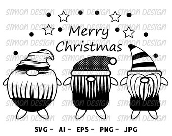Könnte beinhalten: Schwarz-weiß-Illustration von drei Gnomen mit dem Text "Merry Christmas" darüber. Die Gnome tragen Hüte und haben Bärte.