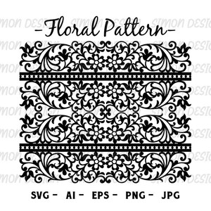 May include: Black and white floral pattern design with three horizontal lines. The text "Floral Pattern" is written in a decorative font above the design. The text "SVG - AI - EPS - PNG - JPG" is written below the design.