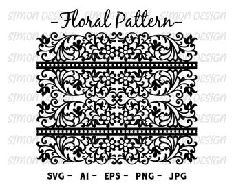 May include: Black and white floral pattern design with three horizontal lines. The text "Floral Pattern" is written in a decorative font above the design. The text "SVG - AI - EPS - PNG - JPG" is written below the design.