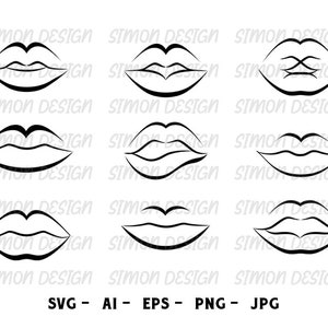 May include: Nine black and white outline illustrations of different styles of lips. The lips are drawn in a simple, cartoon style.