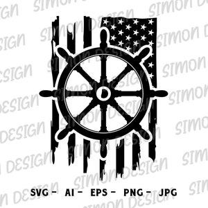 Puede incluir: Gráfico en blanco y negro de un timón superpuesto a una bandera estadounidense desgastada. El diseño incluye el texto "SVG - AI - EPS - PNG - JPG".