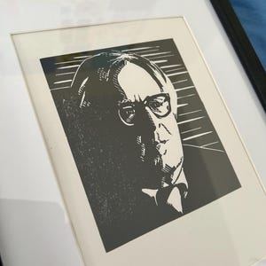 Ray Bradbury; Hand carved and hand printed portrait of the late great American writer.