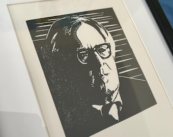 Ray Bradbury Portrait Print, Hand Carved, A5