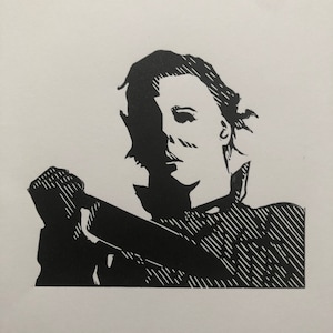 マイケル・マイヤーズ：ジョン・カーペンターの傑作ホラー映画『ハロウィン』の殺人鬼のリノカット肖像画