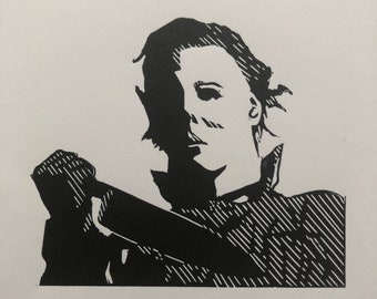 Michael Myers: Linolschnitt-Porträt von John Carpenters Mörder aus seinem Horror-Slasher-Klassiker Halloween