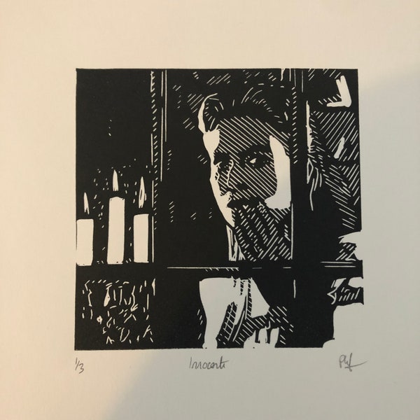 The Governess, a hand carved and printed portrait from the 1961 film “The Innocents” based on Henry James’ The Turn of the Screw.