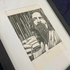 The Dude: Hand carved and hand printed portrait of Jeff Bridges playing Lebowski in the Coen Brothers classic 1998 film